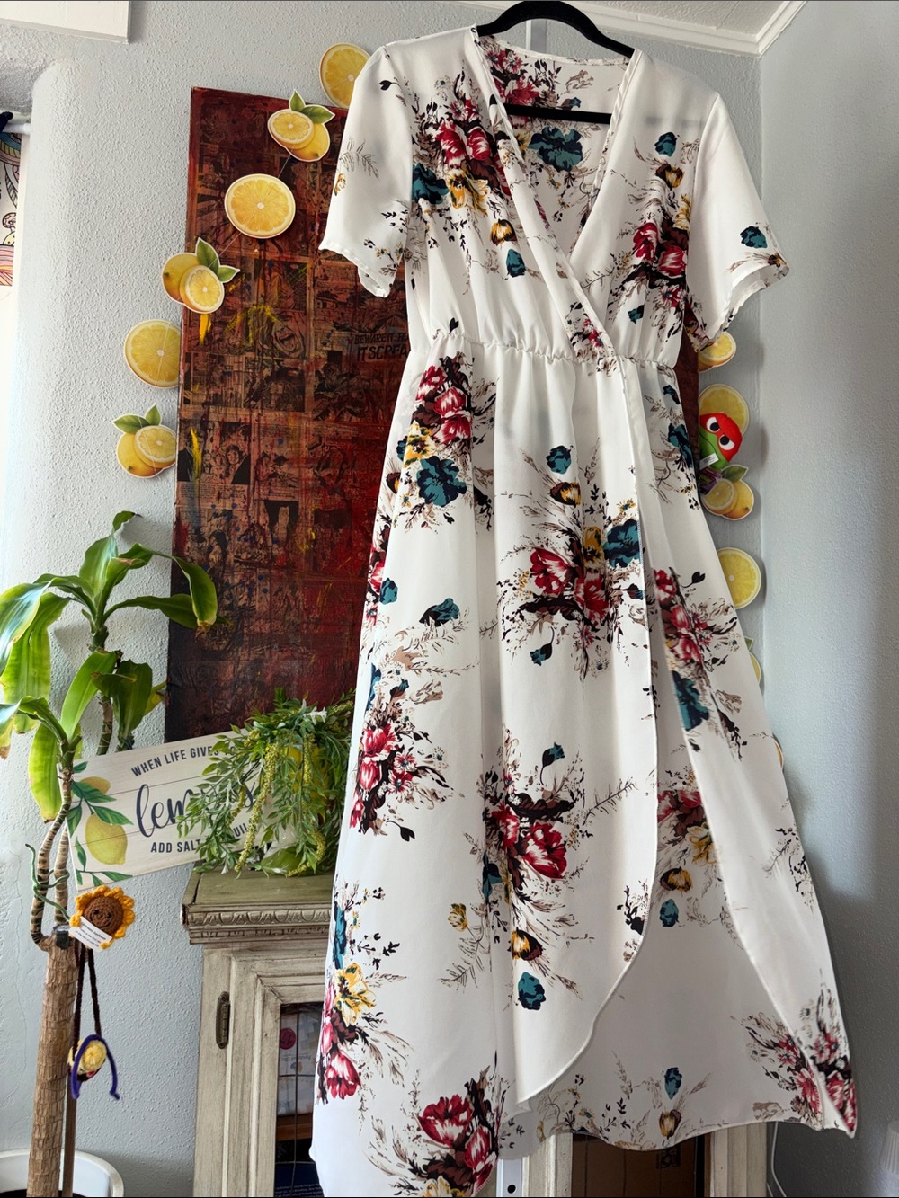 White Floral High-Low Wrap Dress with Teal & Red Accents